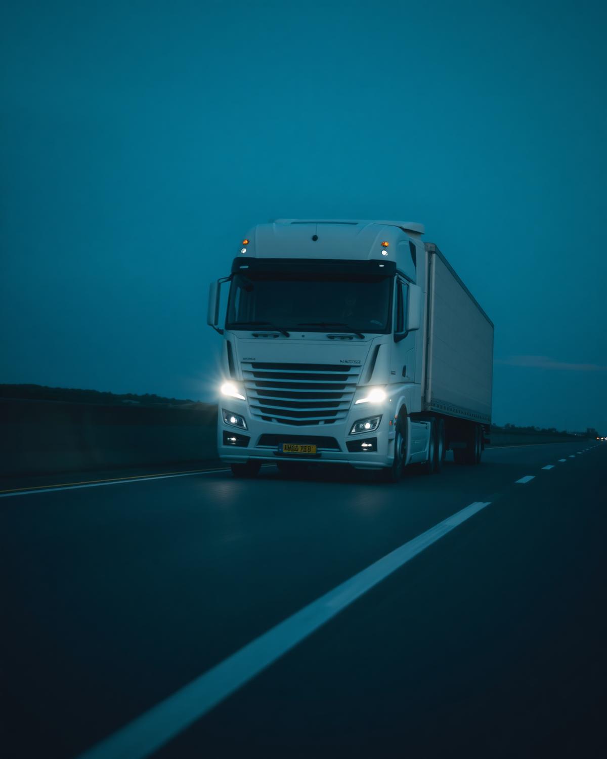 Semi truck traveling a highway at dusk