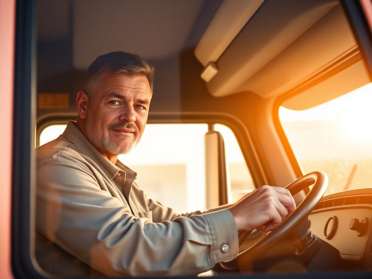 Focused truck driver behind the wheel of a box truck